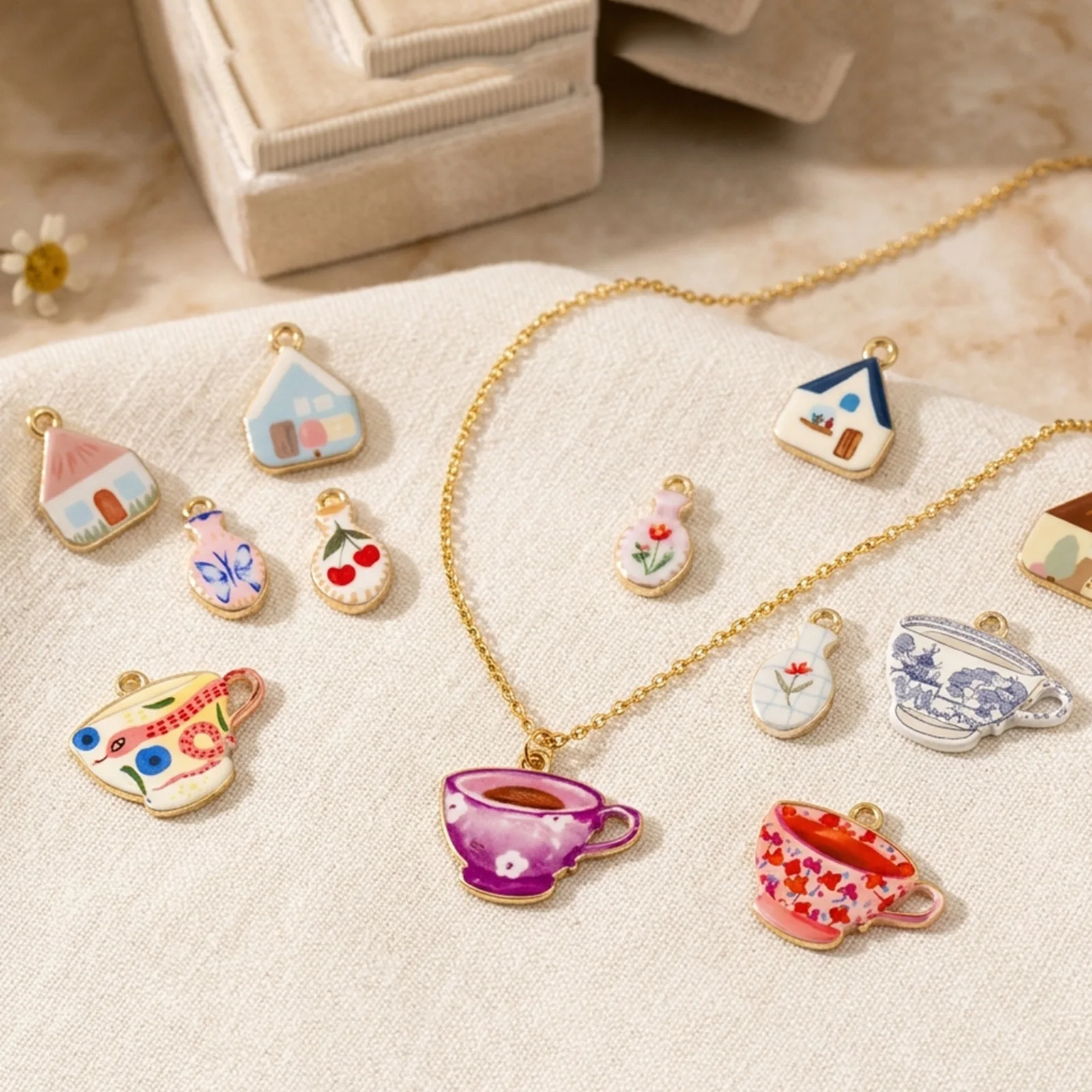 5 Stück Zinklegierungs-Anhänger, Teetassen-Haus, beidseitig bedruckt, vergoldet, für DIY-Halsketten, Schmuckherstellung, Großhandel – Detail 2