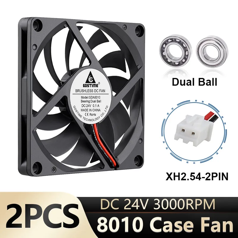 

2PCS Gdstime Brushless DC 24V PC Computer Case Cooling Fan 80mm x 10mm 80mm Projector Cooler 8010 2Pin Dual Ball Axial Fan