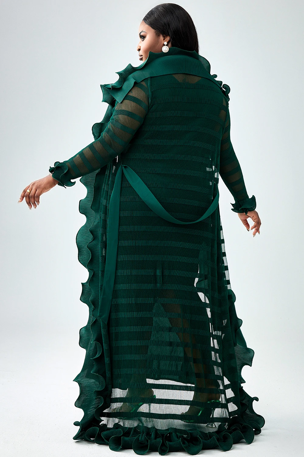 Ensemble de robe semi-formelle à volants transparents pour femmes, ensemble de robe maxi, vert, grande taille, automne, 2 pièces