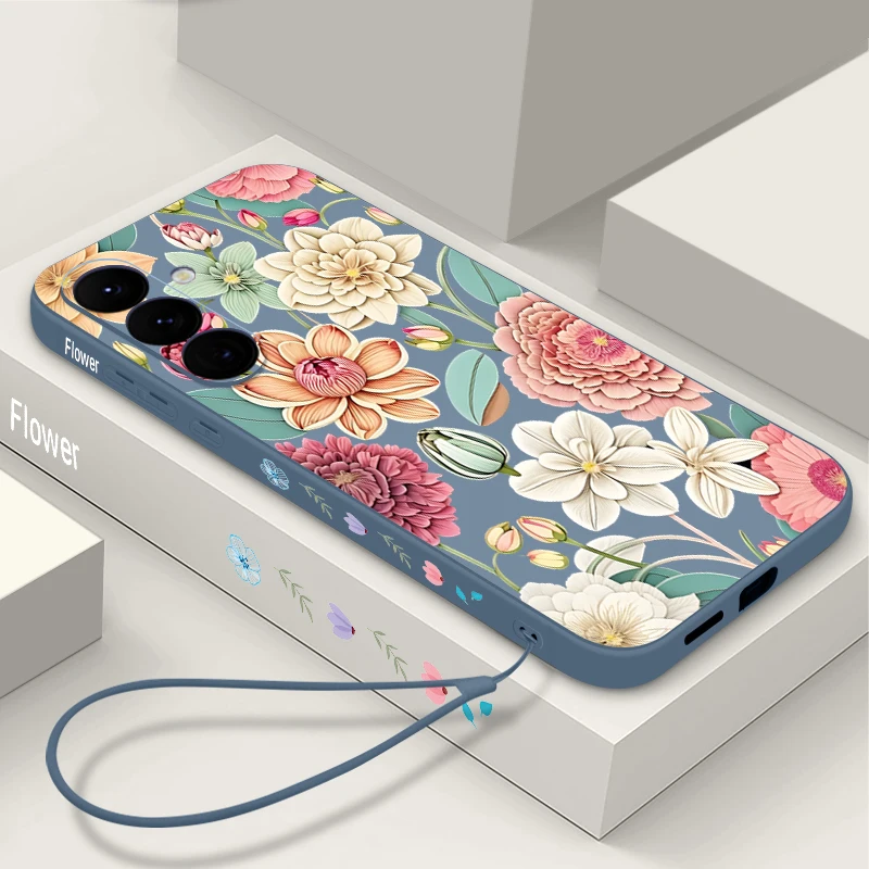 Retro Flower Pattern Phone Case for Samsung Galaxy A57 A17 A56 A16 A55 A15 A36 S25 FE S26 S24 S23 S22 Ultra Soft Lanyard Cover