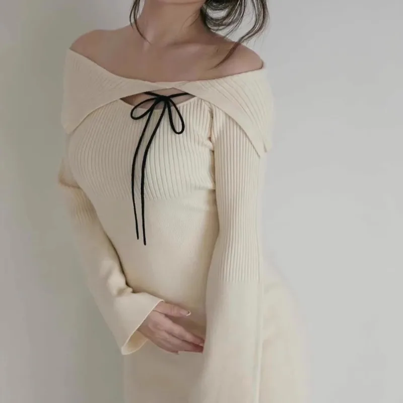 Off Shoulder Long Sleeve Vestidos Lace-up Bow Women 2025 Vestido Japan Knit Dresses Hollow Out Dress Spring Autumn Ropa Muje