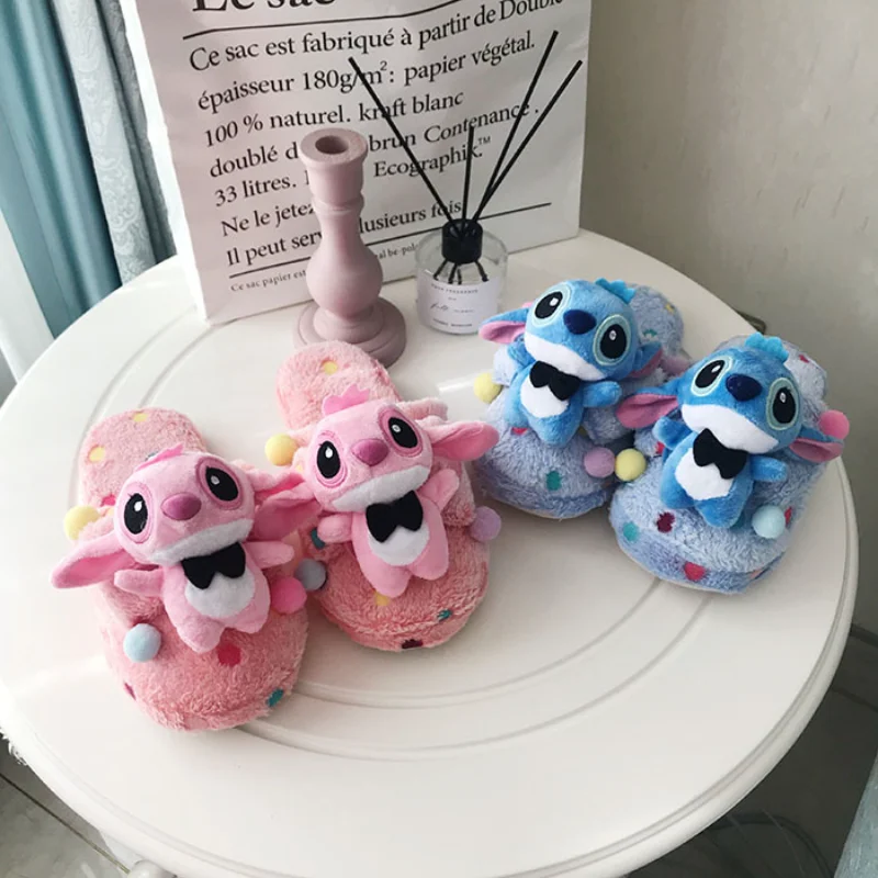 Disney Stitch cute funny warm home women's shoes cartoon versatile polka dot doll plush flat cotton slippers