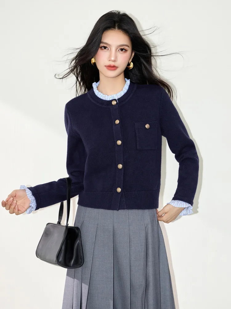 Осень 2022, французский шикарный ленивый высококачественный свитер, топы для женщин, искусственный двухсекционный вязаный кардиган, корейская мода, повседневный Pull Femme