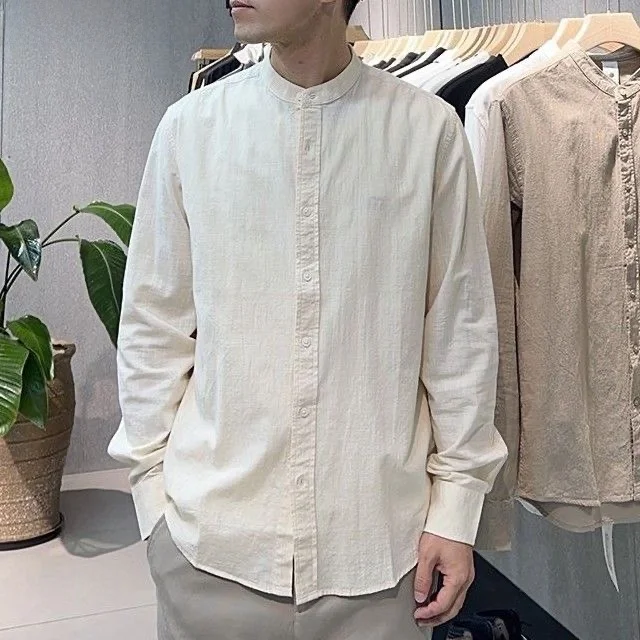 

Spring Autumn 2026 Men's Henry Collar Shirt Top Versatile Simple Color High End Breathable Fashionable Cotton Linen Blend