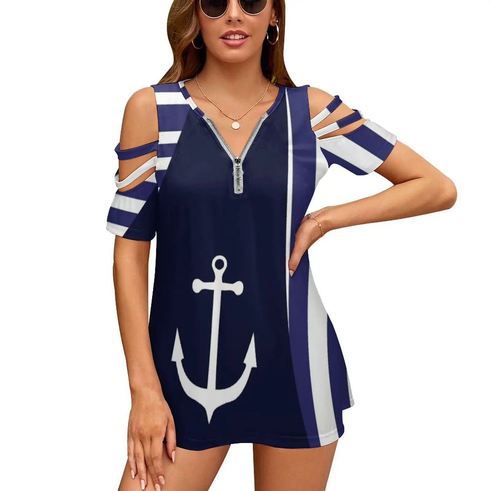 Sailor Stripes With Anchor Women\'S T-Shirt Summer Fashion Print Floral V-Neck Zipper Tshirt Hollow Pullover Ladies Top Sailor