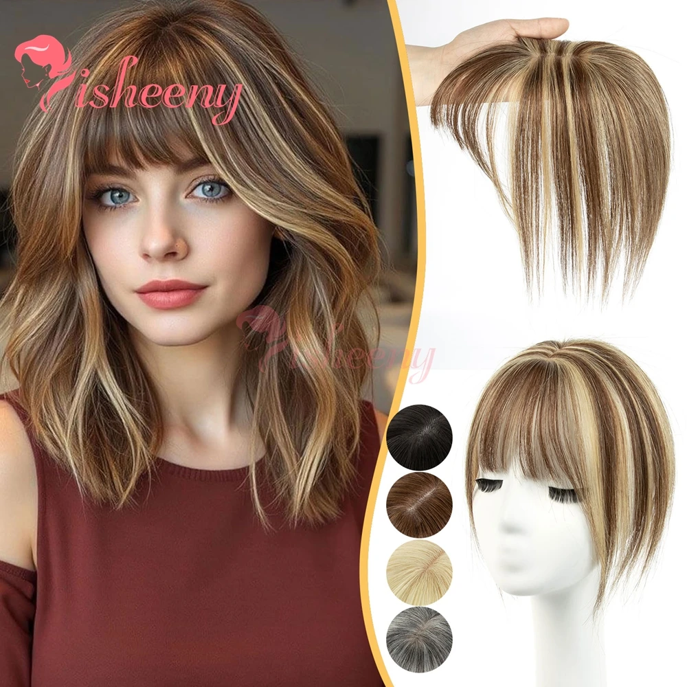 Isheeny Human Hair Toppers for Women 5x9cm Basement Cover Hairpiece with Thinning Crown Wispy Clip in Bangs Realistic Scalp Hair