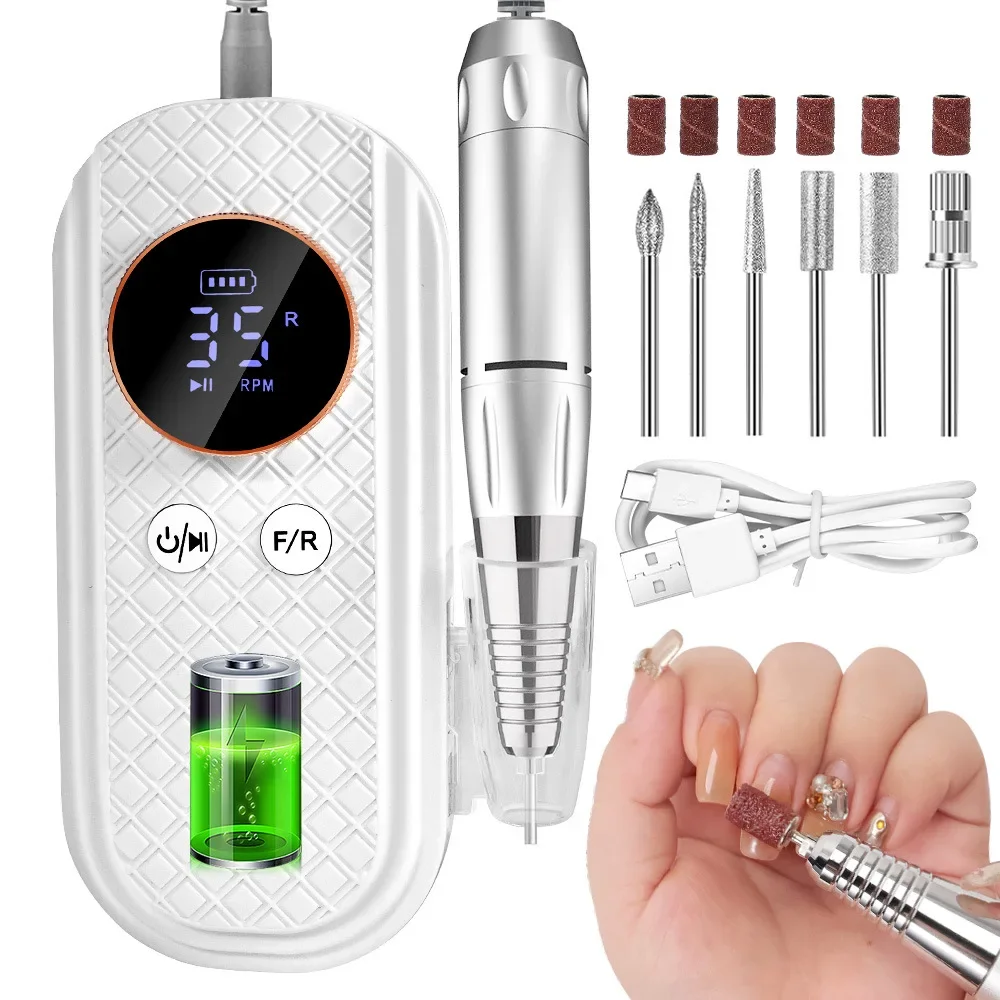 Máquina pulidora de uñas recargable, Kit de cortador de manicura inalámbrico portátil, 35000RPM