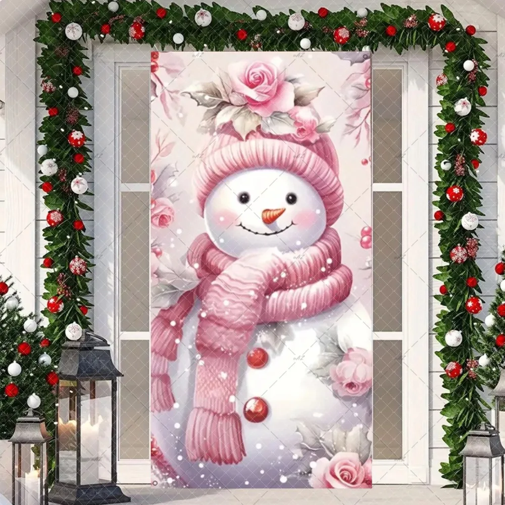 

Pink Christmas Door Cover Decoration Santa Claus Elk Gingerbread Man Background Snowman Banner Winter Prop Gift Party Supplies