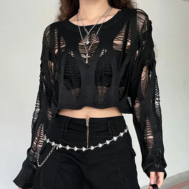 Lucyever Perforated Hollow Out Knitted Pullovers Women Y2K Black Gothic Sexy Thin Sweater Woman Summer Chic Sunscreen Crop Tops