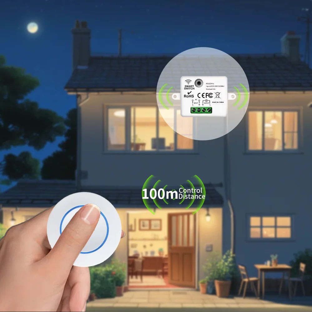 RF433Mhz Wireless Remote Control Light Switch 10A Relay Controller Mini Round Button Wall Panel Switch For LED Lamp AC100-240V