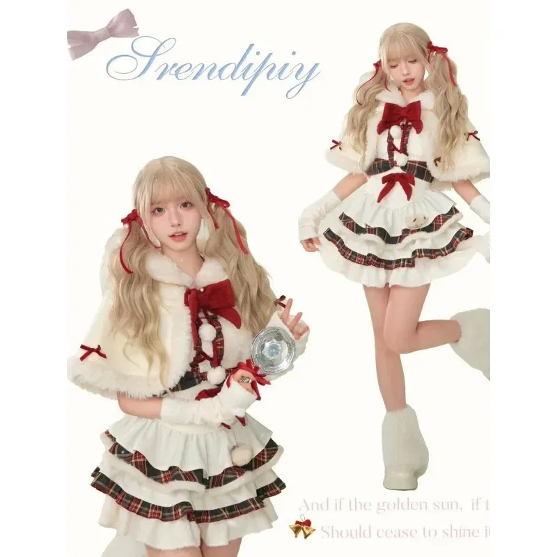 Weihnachten Dopamin Mädchen Winter Neujahr Kawaii Robe Haarigen Lolita Cape Süße Schleife Plaid Patchwork Kuchen Kleid