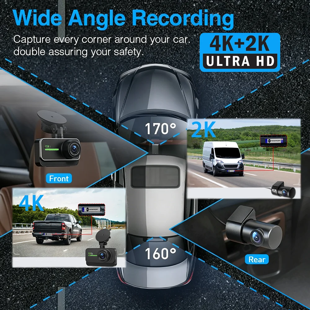 Dashcam WiFi Front 4K Rear 2K Car Cameras Black Box Night Vision 24h Parking Monitor G-Sensor DVR Video Recorder Dash Camera