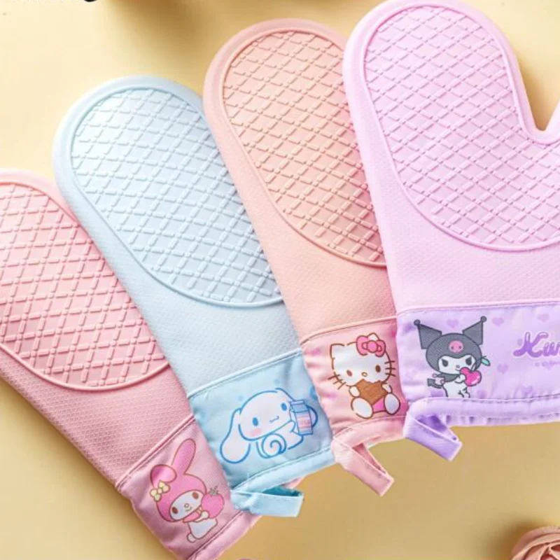 

Sanrios Hello Kittys Silicone Oven Mitts Heat Resistant Gloves For Baking Kitchen High Temperature Insulated Thick Cartoon Cute