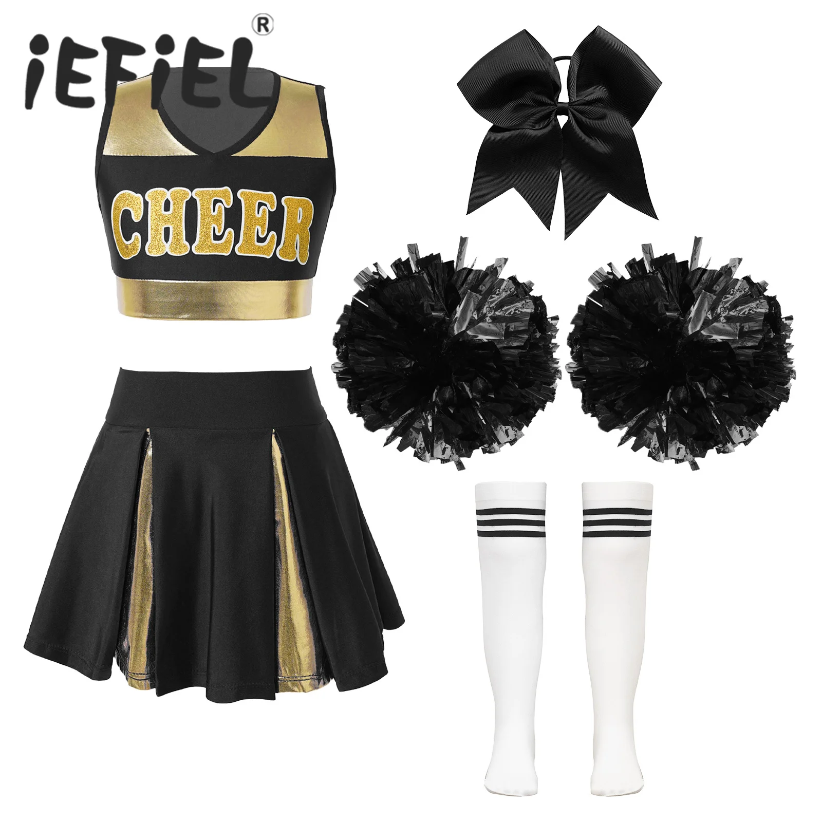 

Kids Girls Cheer Leader Halloween Performance Uniform Costume High School Crop Top Pleated Skirt Set Cheerleading Cosplay Outfit