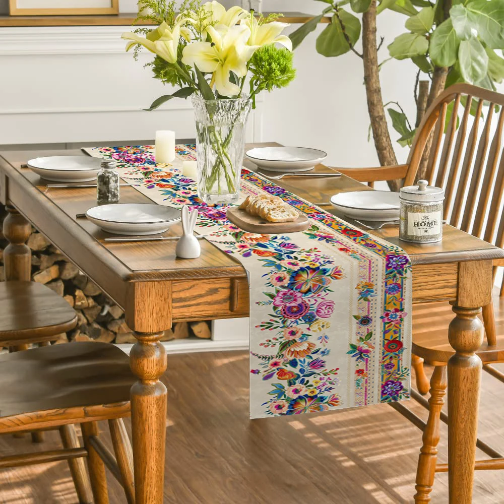 Flowers Leaves Wildflowers Table Runner Kitchen Dining  Table Decoration for Indoor Outdoor Home Table Runners