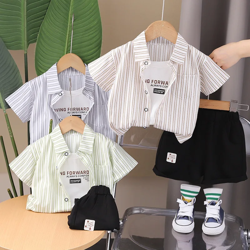 

Baby Boy 2PCS Casual Outfit Striped Open Front Short Sleeve Shirt & Black Shorts Set with Letter Print Tee for Kids Daily Wear