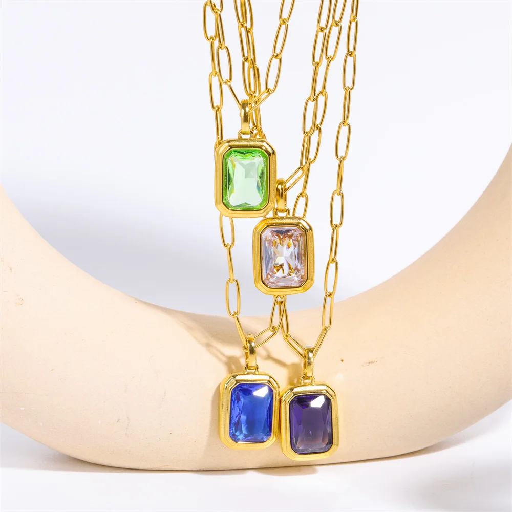 Vintage Colorful Square Crystals Pendant Necklace for Women 18K Gold Plated Paper Clip Link Chains Punk Stackable Chokers Gifts