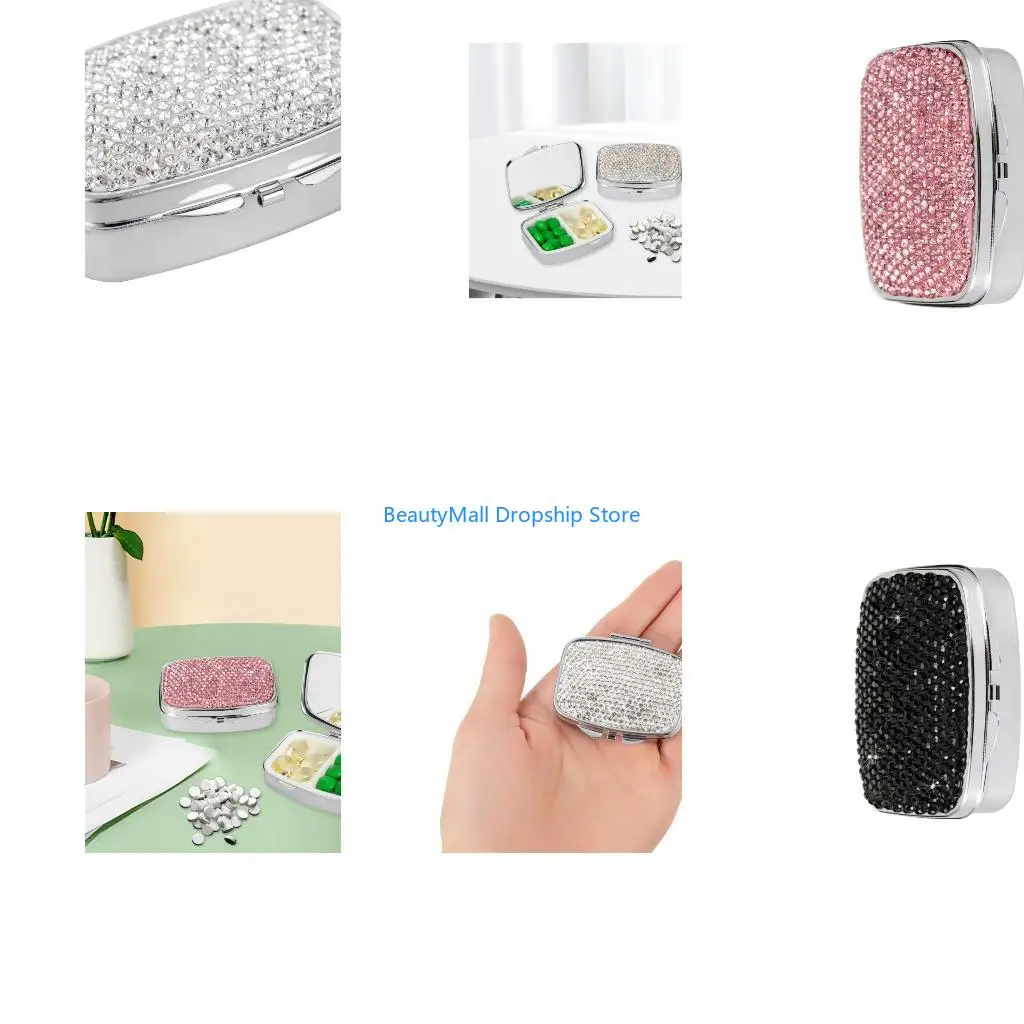 40JD Portable Travel Pills Box with Crystal Diamonds Design 2 Compartment Container Pills Case for Vitamins and Pills