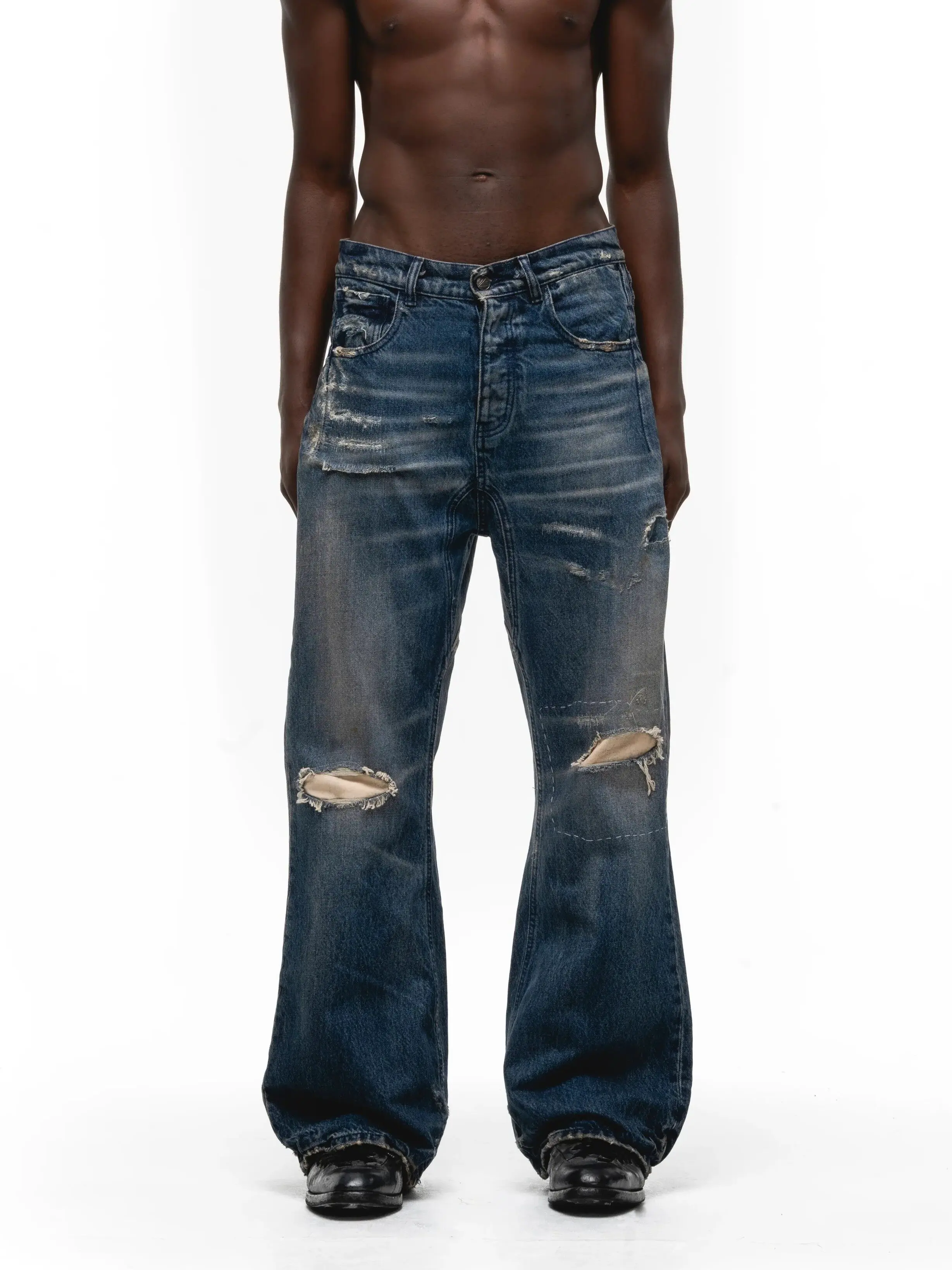 No Faith Studios ITALY Washed Blue Pussy Whiskers Ripped Cut Flared Jeans