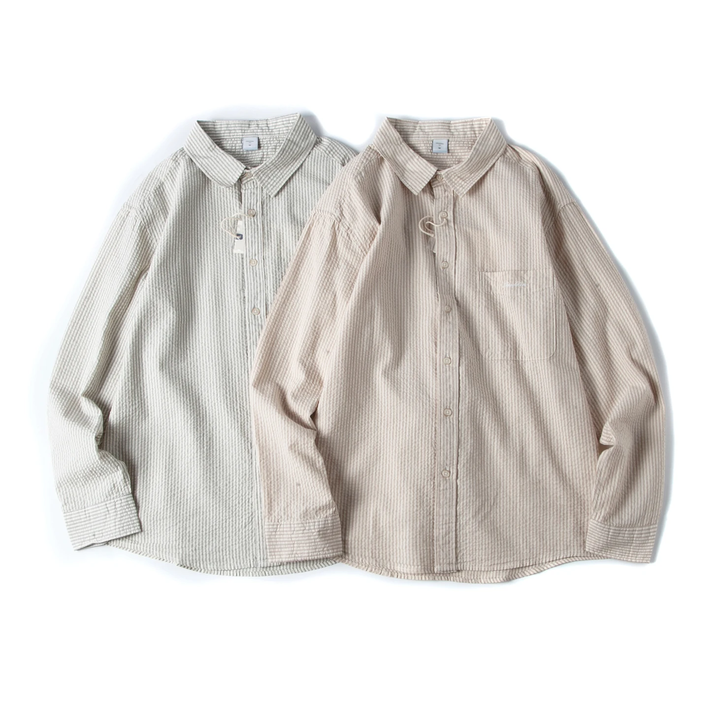 

American Pure Cotton Bubble Cloth Striped Texture Loose Casual Collar Long Sve Men's Spring Autumn Base irt