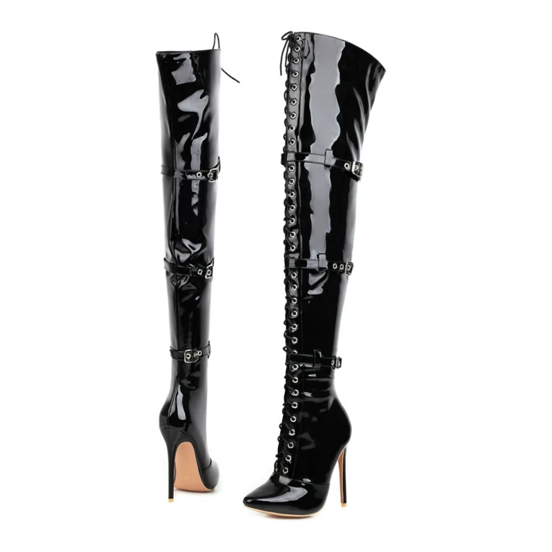 Lace Up Thigh High Boots Women Winter High Heels Over the Knee Boot Patent Leather Long Stripper Fetish Shoes Lady Large Size 48