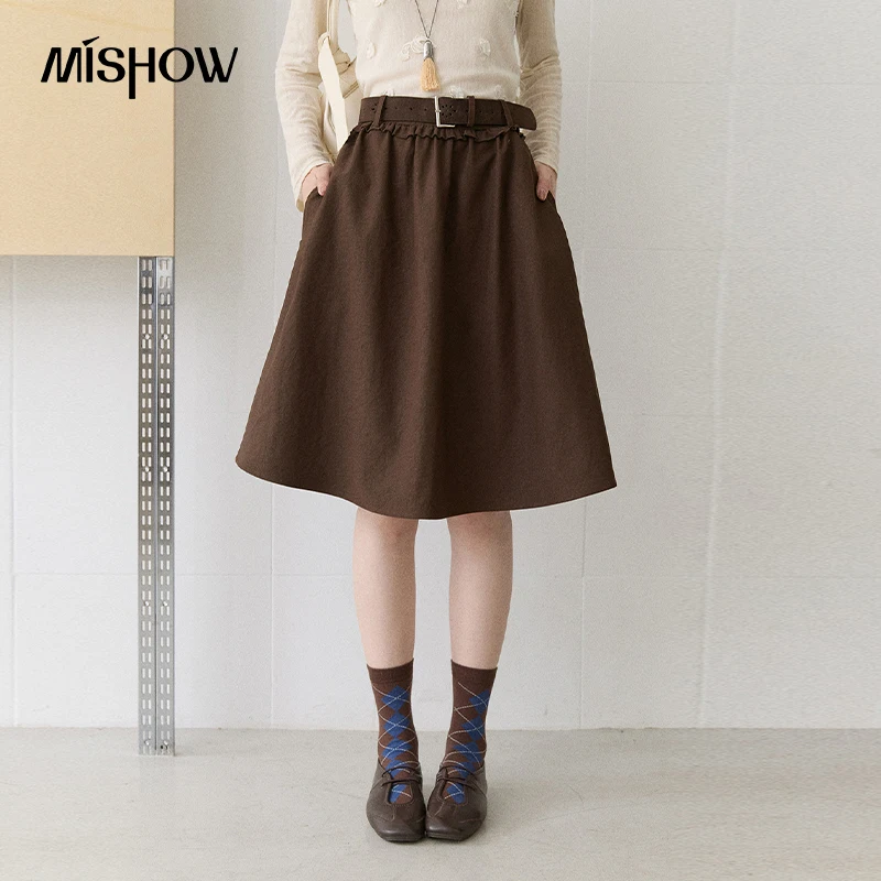 MISHOW Women's Brown A-line Skirt 2026 Autumn with Hollow Carved Belt Ruffle Trim Skirts High Waist Elegant Skirt MXF45B2593