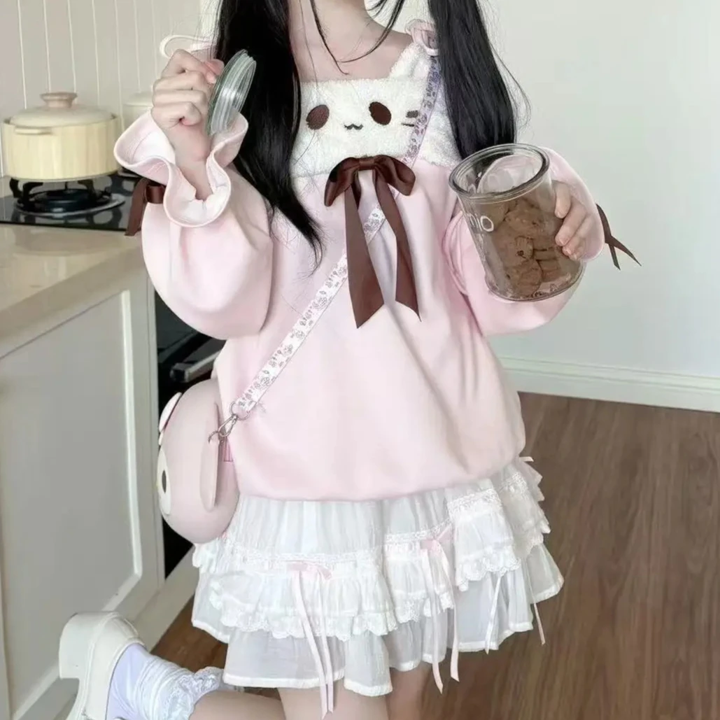크리스마스 겨울 일본 카와이 고양이 스웨트셔츠 오프숄더 귀여운 만화 Y2K 감성 레이스 캐주얼 후드티