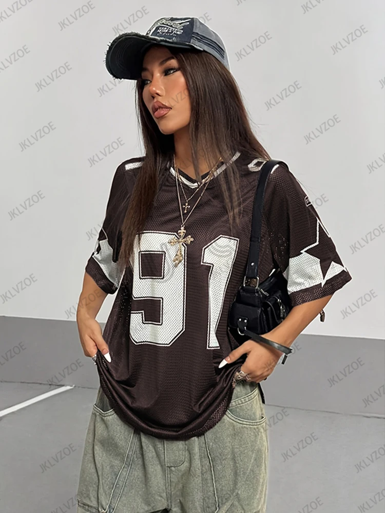 المتضخم تي شيرت للنساء الخامس الرقبة قصيرة الأكمام الصيف المرقعة الأزرق سرعة 91 طباعة عادية تيز كرة قدم رياضية جيرسي Y2k القمم #4