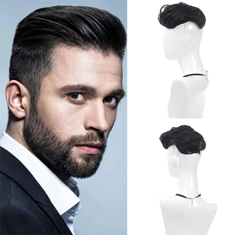 Perucas sintéticas para homens e meninos, cabelo ondulado em camadas curtas, cabe em cada tamanho da cabeça