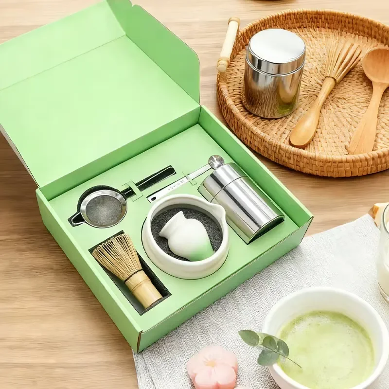 for Custom Portable Matcha Set Box 6-Piece Bamboo Whisk Chasen Stand Ceramic Bowl Japanese Tea Brewing Tools Kit