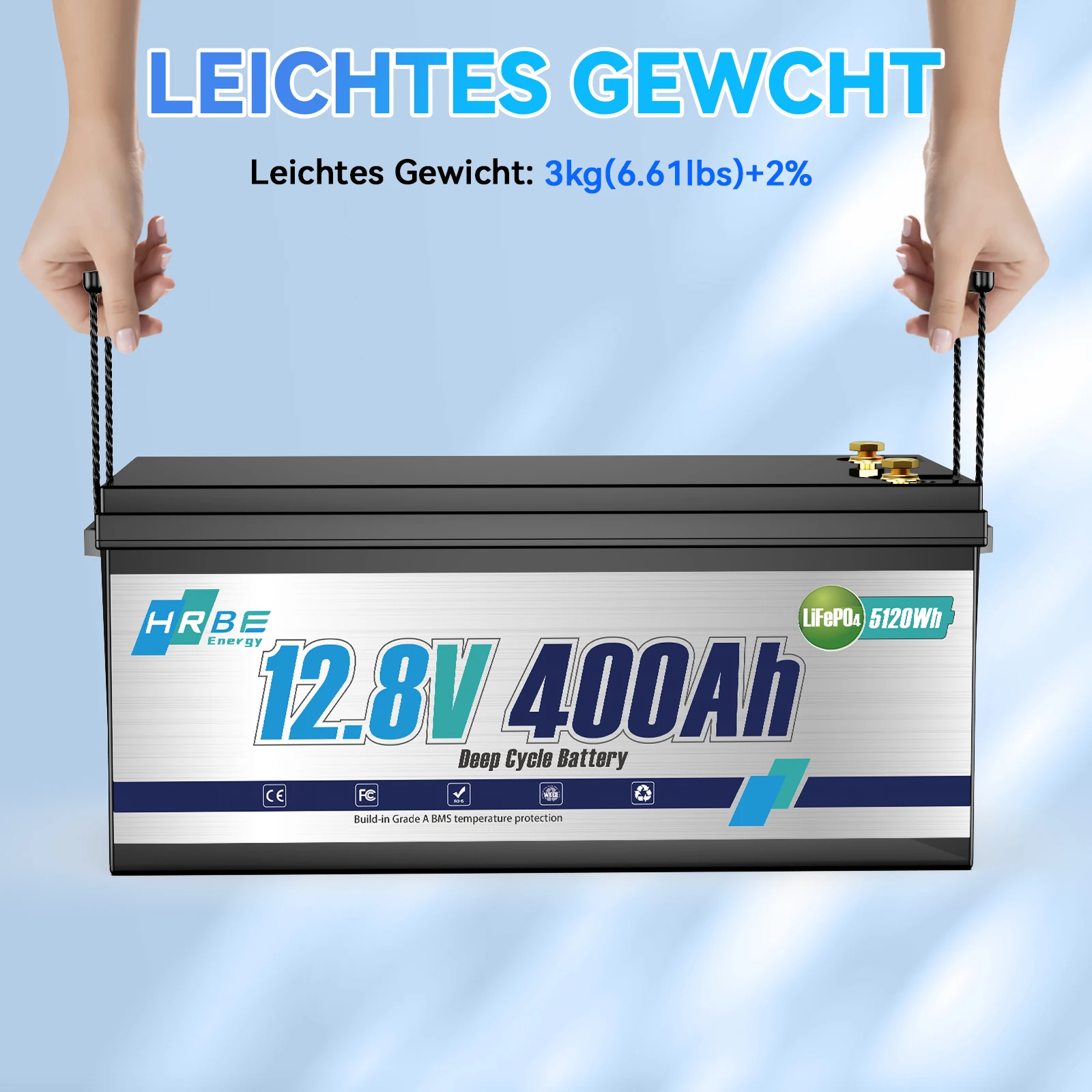 12 V 400 Ah LiFePO4-Lithiumbatterie, Zellen der Güteklasse A, 200 A BMS, max. 5120 Wh Energie mit Niedertemperaturabschaltung, für Wohnmobile, Solaren, Trolling-Motor – Detail 3