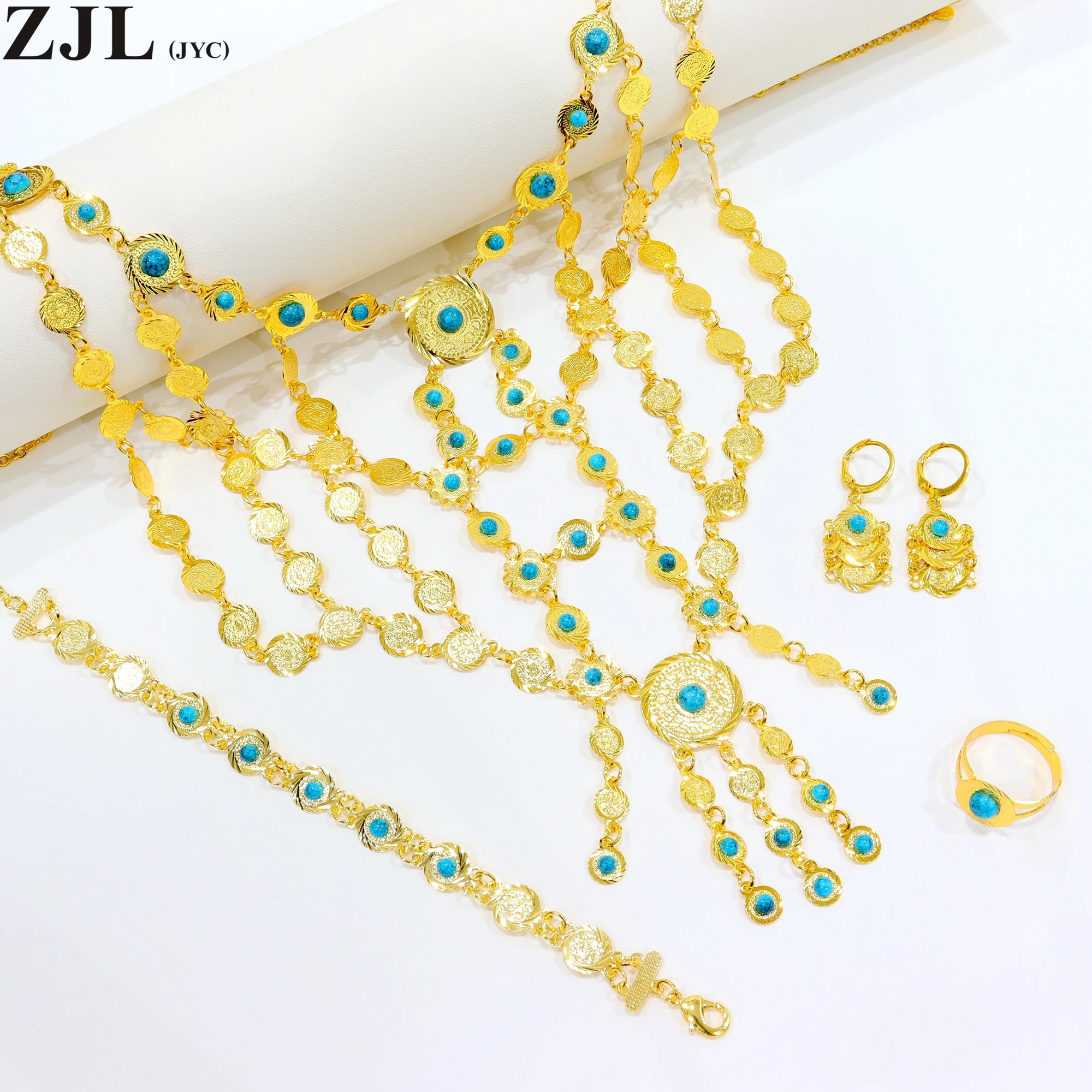 Ensemble de bijoux incrustés de turquoise pour femme, collier, boucles d'oreilles, bracelet, bague, plaqué or 18 carats, match 03, tenues, accessoires de fête, 5 pièces