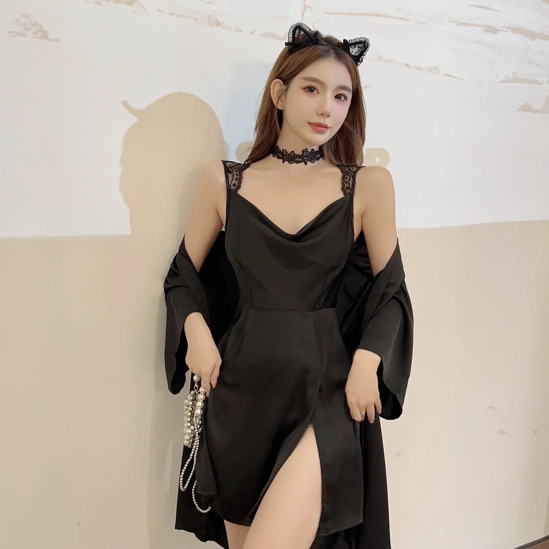 Swing Collar Robes Gown Backless Lace Sexy Spaghetti Strap Women Solid Sleepwear Nightgown Baggy Kimono Bathrobe Nightwear