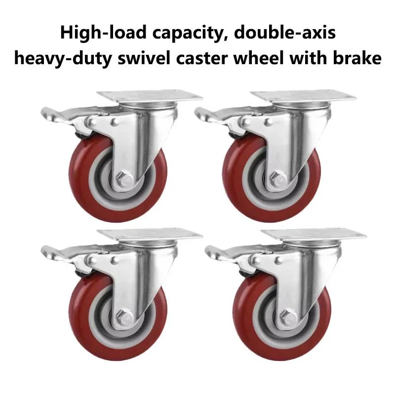 4 Pcs Packing 5 Inch Universal Caster With Brake Medium Jujube Red Double Bearing Pvc Flat Bottom Movable Roller Storage Cage