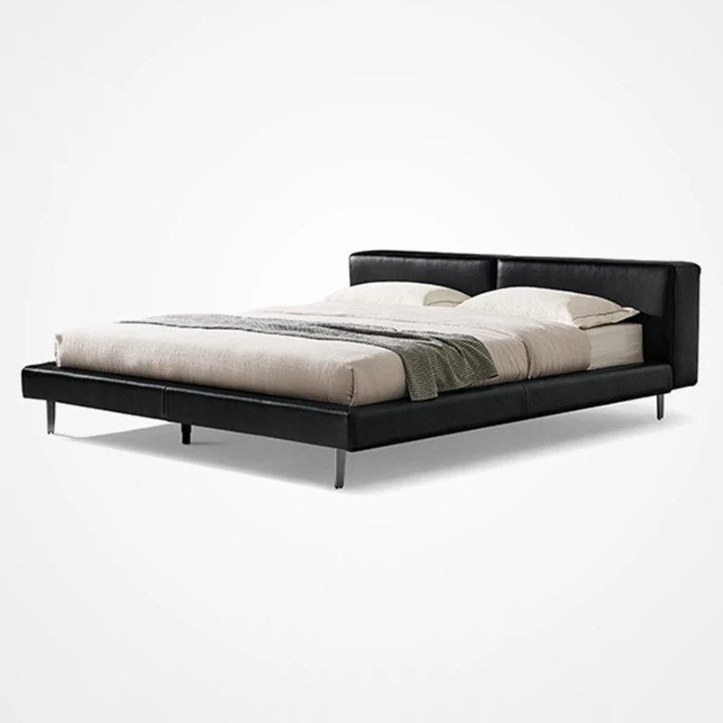 

Italian minimalist Nordic retro first layer cowhide 1.8 meters double bed simple soft bag pure solid wood bedroom