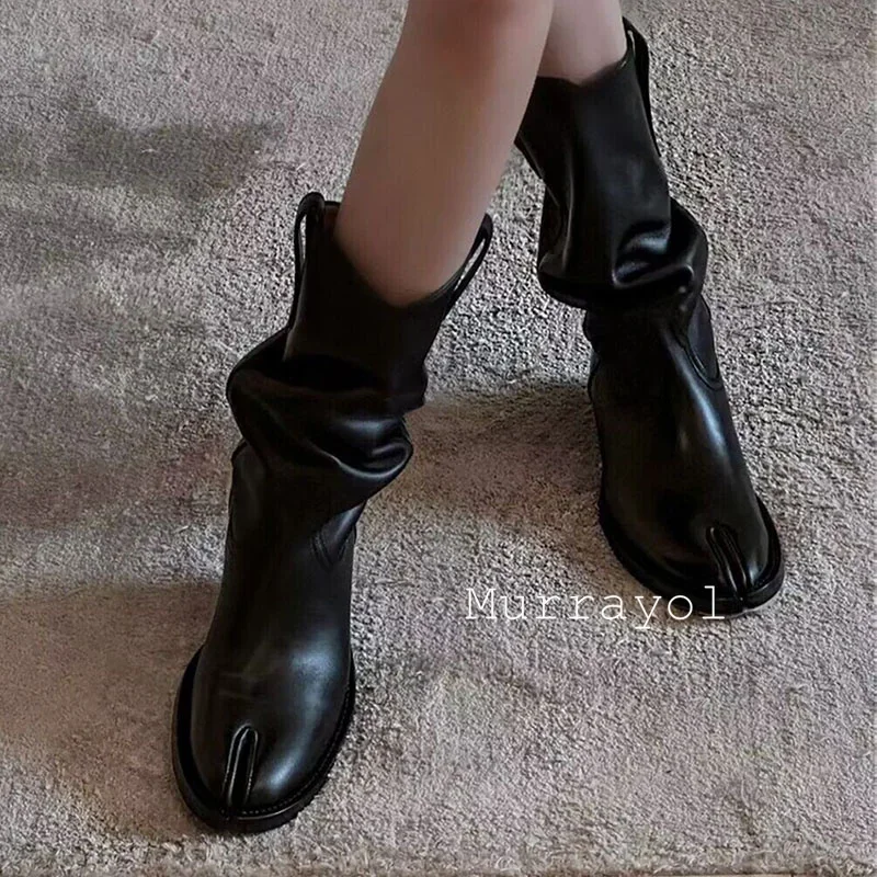 Wrinkle Design Thick Heel Short Botas Women Cow Suede Split Toe Solid Color Mid-calf Boots  Autumn Winter Retro Chelsea Boots