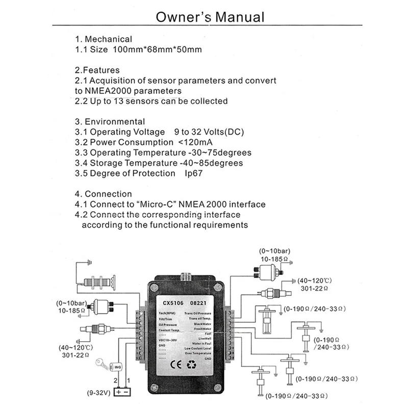 

Single Channel NMEA2000/ N2K Converter 0-190Ohms Up to 13 Sensor for Marine Boat CX5106