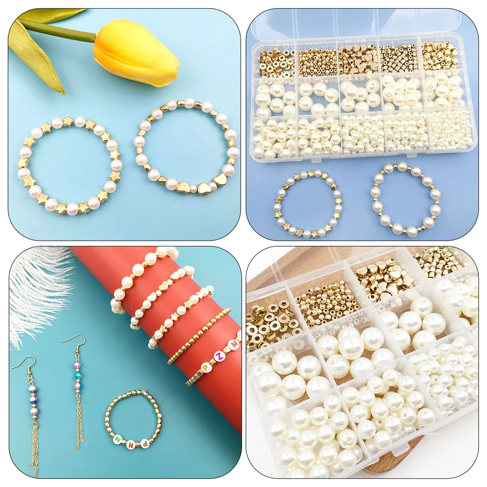 

720pcs Pearl Beads Set Silver Spacer DIY Jewelry Craft Supplies Lightweight Durable Round Flat Beads Storage Convenient