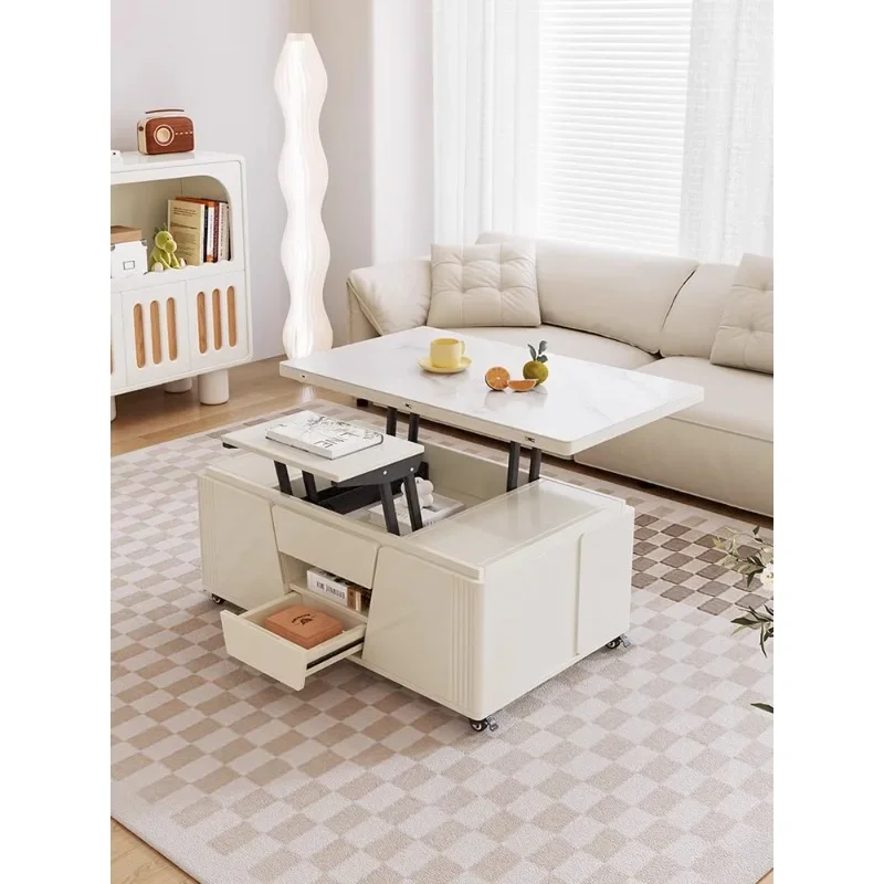 Cream style lifting coffee table transformed into dining table and desk, versatile foldable and extendable small unit