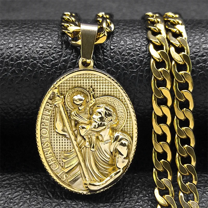 Europe and America Style Gold Color Stainless Steel Relief Saint Christopher Necklace UNISEX A Birthday Gift Necklace for Friend