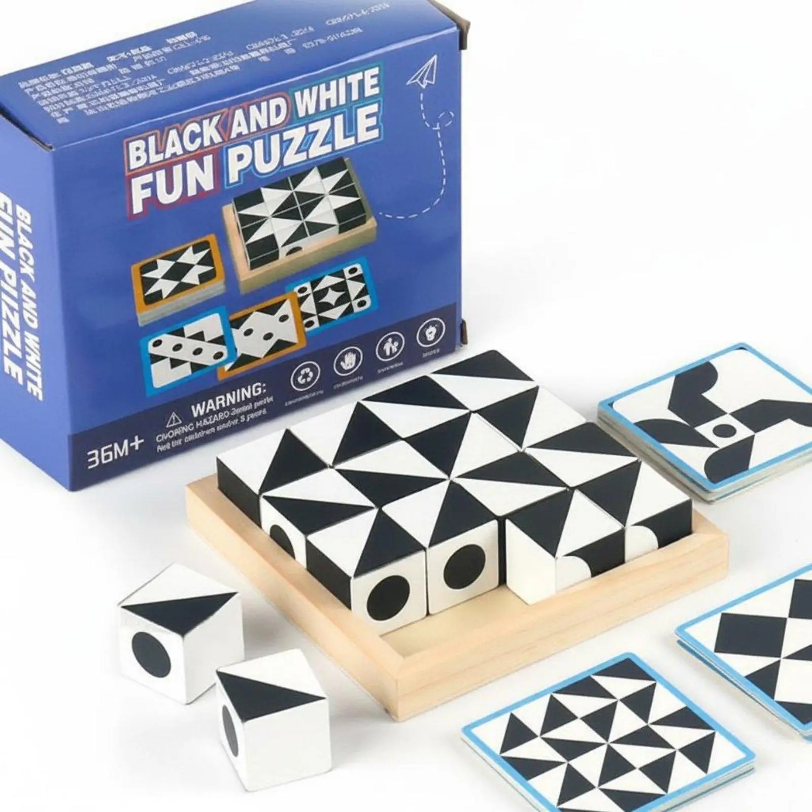 Kids Wooden Learning Puzzle Toy with Geometric Pattern Cards for Spatial Reasoning and Concentration