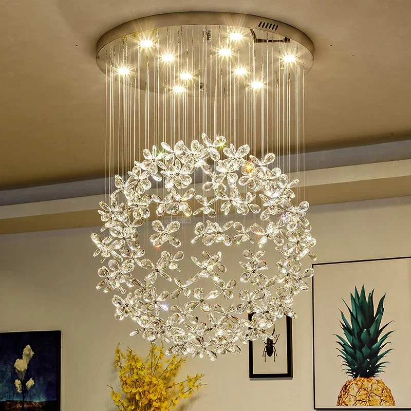 

Crystal Clear K9 Ceiling Lamps Flower Ball Stairway Modern Villa Chandelier Lighting Hanging Fixture Mall GU10 LED Lights