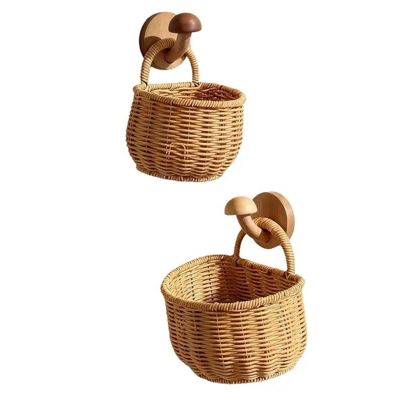 【EFFICIENT 】2 Pack Wall Hanging Rattan Baskets,Hand-Woven Storage Basket,Wall Hanging Baskets For Kitchen,Washable Decorative Ba
