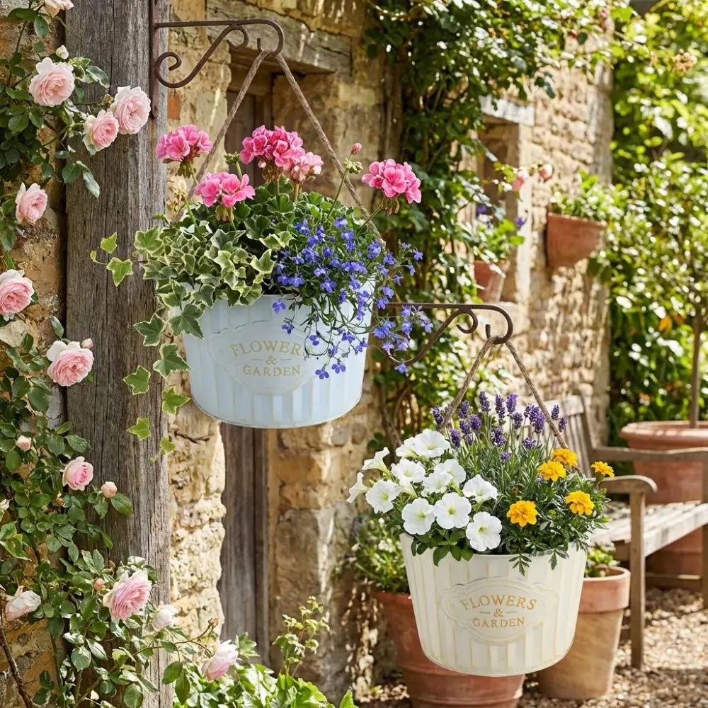 Semi Round Hanging Flower Pot Retro Iron Art Wall Mounted Hanging Basket Wear-resistant Plant Bucket Over Fence Planter