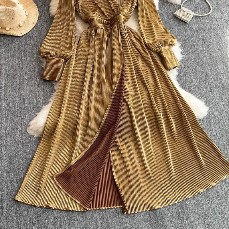 Elegante split vestido longo outono roupas femininas lanterna manga com decote em v grande balanço vestidos de festa à noite vestido de baile a linha