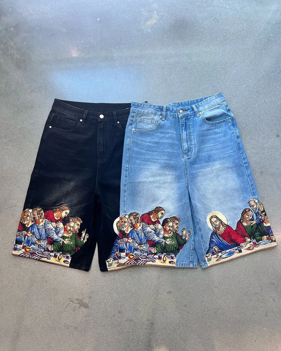 Hrajuku Gothic Last supper ricamo pantaloni della tuta stampa pantaloncini e pantaloni pantaloni Casual a gamba larga Y2k con motivo Hip Hop da uomo