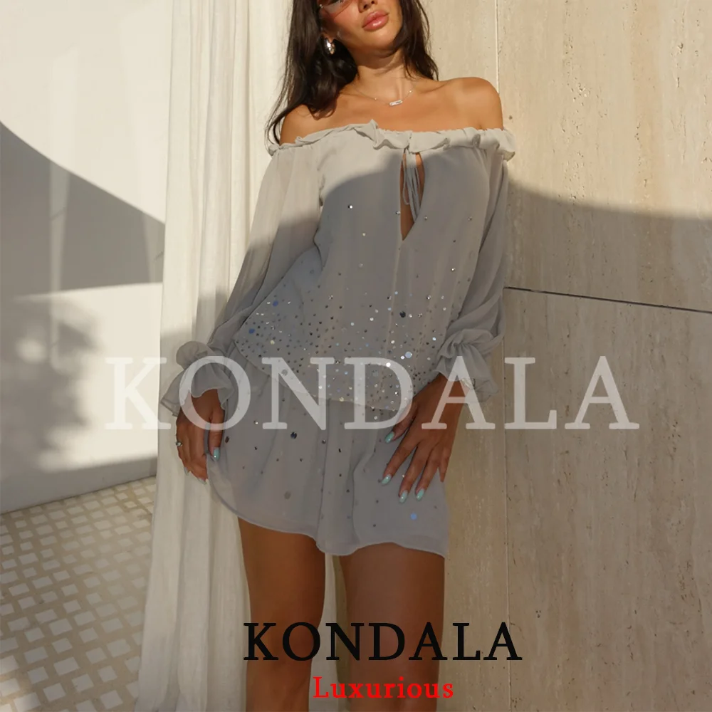 KONDALA Sexy Schickes Pailletten-Partykleid für Damen Langarm Schulterfrei Mini-Chiffonkleid Mode 2026 Sommer Herbst Urlaubskleid – Detail 6