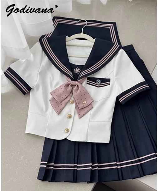 

Japanese Preppy Style JK Uniform Suit New Spring Summer Girls Navy Collar Puff Sleeves Shirt Pleated Skirts Two-piece Sets Women
