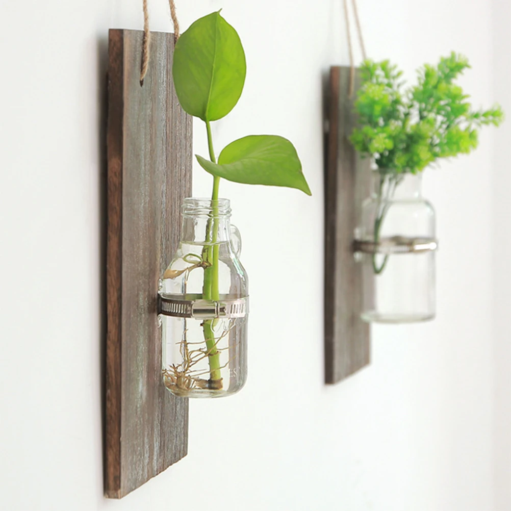 

Wall Hanging Flower Pot Vintage Wooden Glass Hydroponic Vase Transparent Home Decoration Bedroom Living Room Office Gift Family