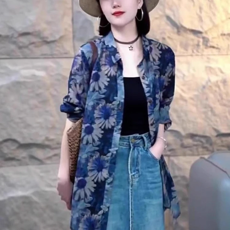 2024 New Summer Streetwear Fashion Minimalist Casual Thin Blouses Three Quarters Flip Collar Printed Button Women\'s Shirt Top